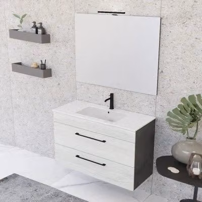 Mobile bagno sospeso Smart bianco e legno con specchio LED e cassetto L/P/H: 100 x 43 x 62 cm – 1
