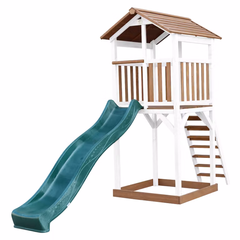 AXI Beach Tower parco giochi in legno in marrone e bianco | Torre di gioco per bambini con sabbiera e scivolo verde | Casa per bambini su palafitte per il giardino