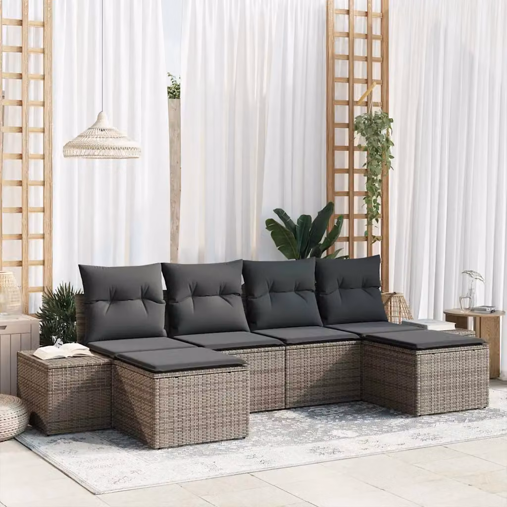 Set Divano da Giardino a L vidaXL in Polyrattan Grigio con Cuscini e Ottoman, 6 Pezzi – 1