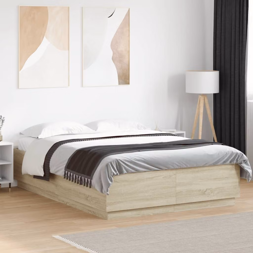 Giroletto vidaXL in legno Rovere con luci LED sottobett e porta USB, L/P/H: 150 x 200 cm – 1