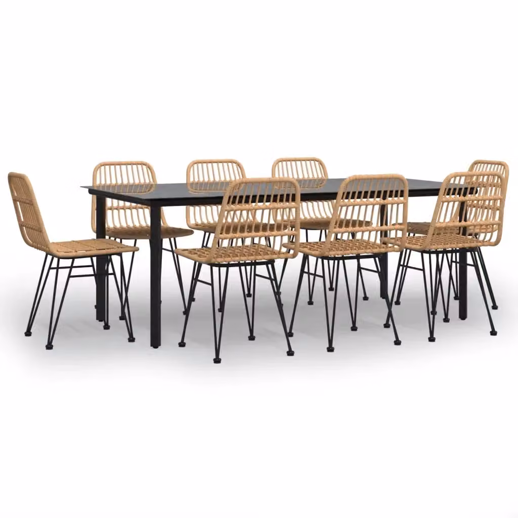 Set da pranzo da giardino vidaXL in polyrattan nero con tavolo in vetro, 9 pezzi
