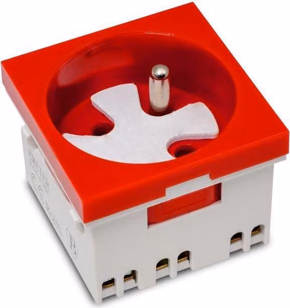 presa modulare a 230V con messa a terra, unipolare, standard 45x45, con meccanismo di blocco e sblocco, rosso