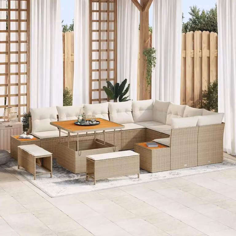 Set Divano da Giardino vidaXL 12 Pezzi Beige con Cuscini e Tavolino in Metallo e Legno di Acacia
