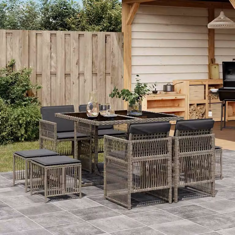 vidaXL Set da Pranzo da Giardino 9 pz in Polyrattan con Cuscini e Tavolo in Vetro Grigio e Nero