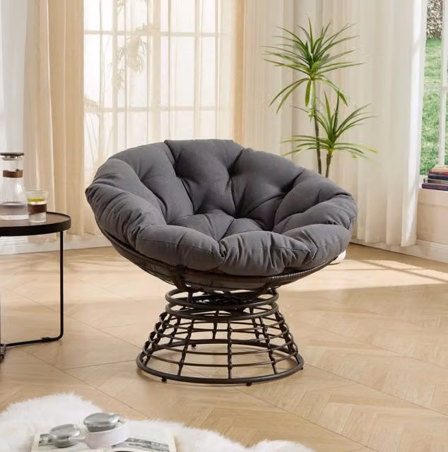 Poltrona Papasan girevole 360 gradi 92x67 cm grigia; acciaio e rattan PE con cuscino