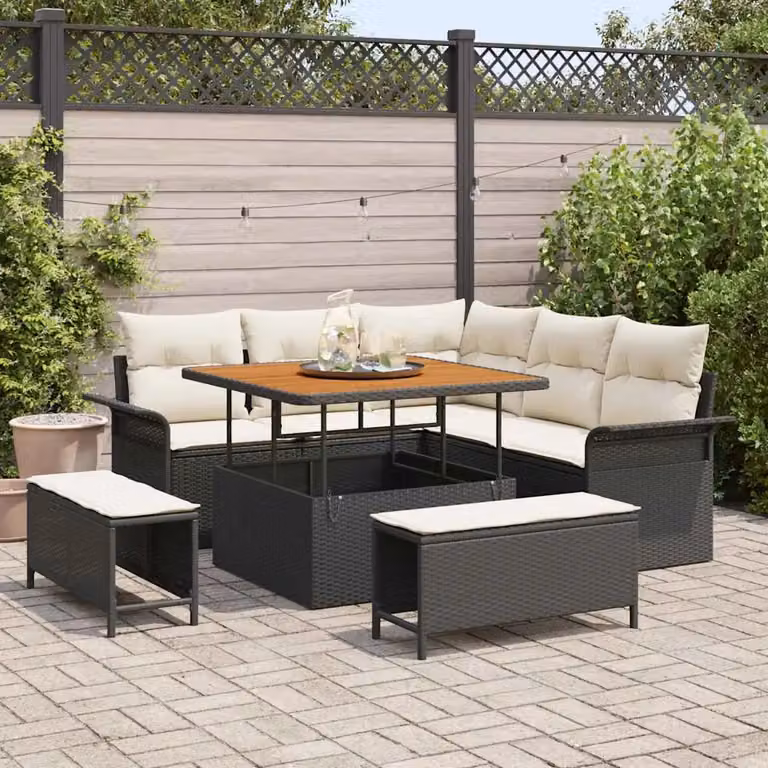 Set Divano da Giardino vidaXL 8 Pezzi Moderno in Polyrattan Nero con Cuscini e Tavolino