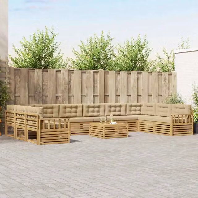 Set di divani da giardino a L con tavolo vidaXL in legno di acacia marrone e beige con 11 pezzi e cuscini inclusi – 1