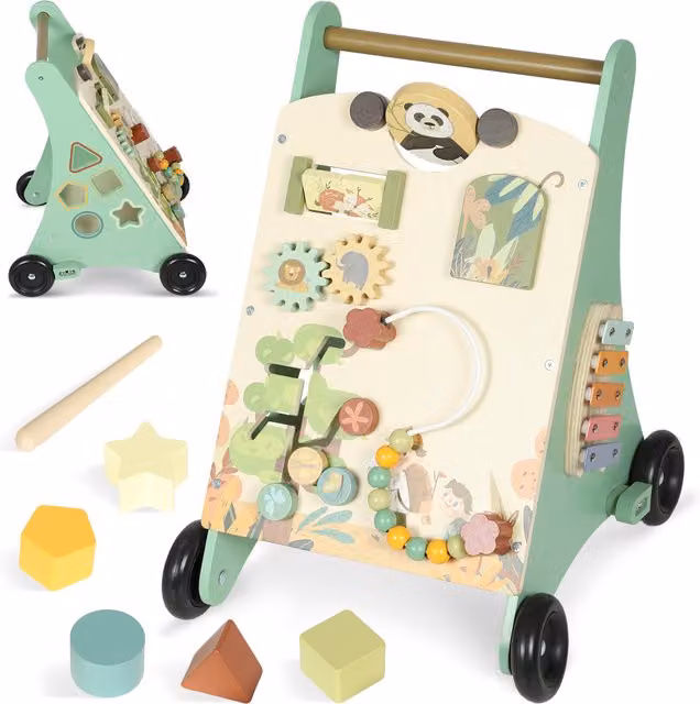 Carrello Primi Passi AIYAPLAY in Legno con Freno Regolabile per Bambini dai 18 Mesi in Colore Verde – 1