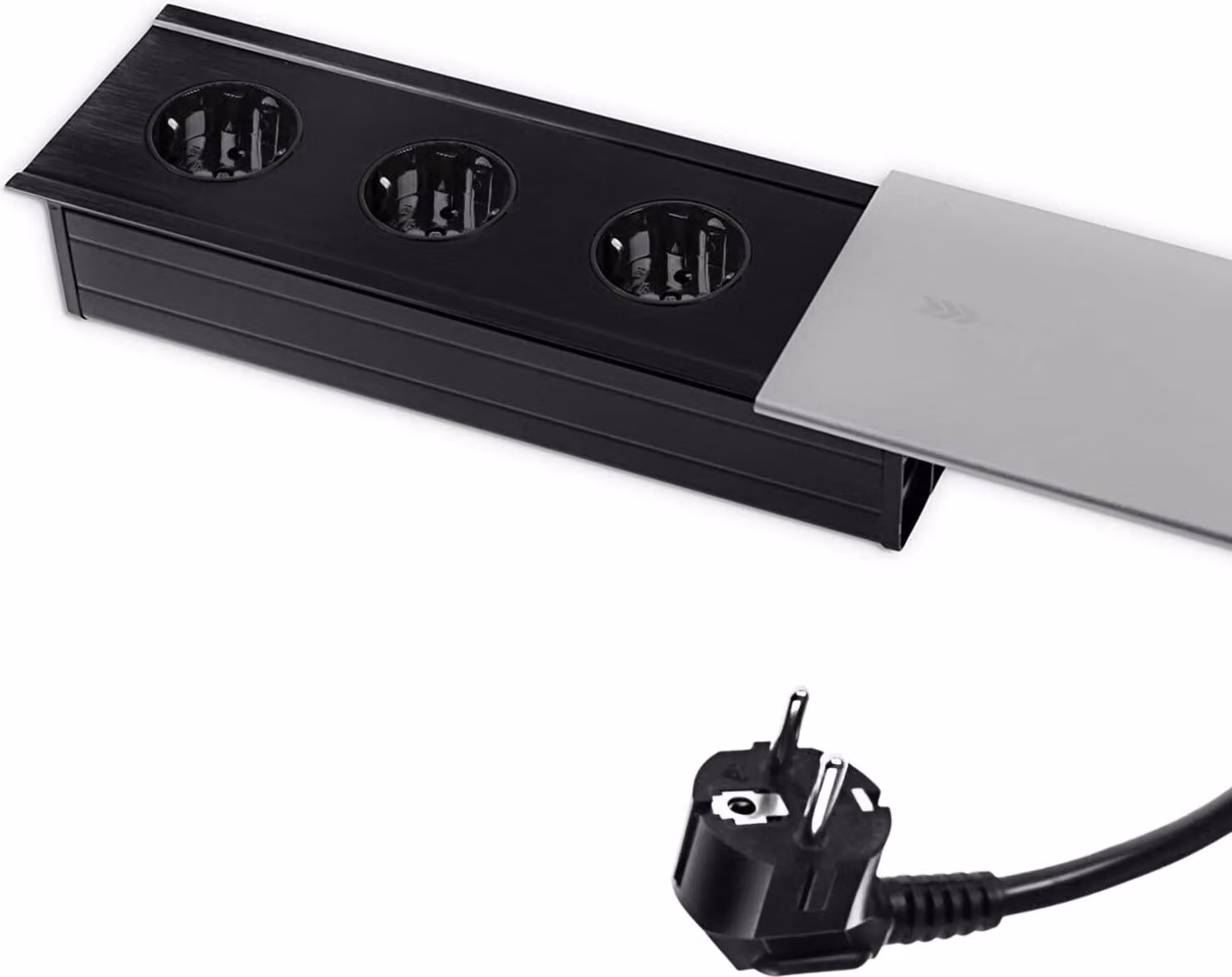 Presa di corrente da tavolo Presa di corrente multipla retrattile in metallo 3X Schuko, cavo da 1,5 m con spina. per scrivania, ufficio cucina, prolunga, presa per mobili, Spacetronik SPS-S33 argento