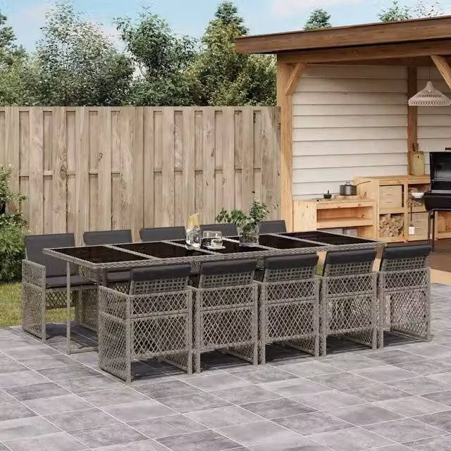 Set da Pranzo da Giardino 11pz con Cuscini in Polyrattan Grigio 3210752