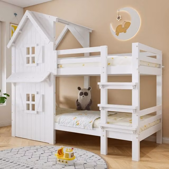 Letto a castello per bambini 90 × 200 cm con finestre e tetto, sponde di sicurezza, senza materasso, bianco