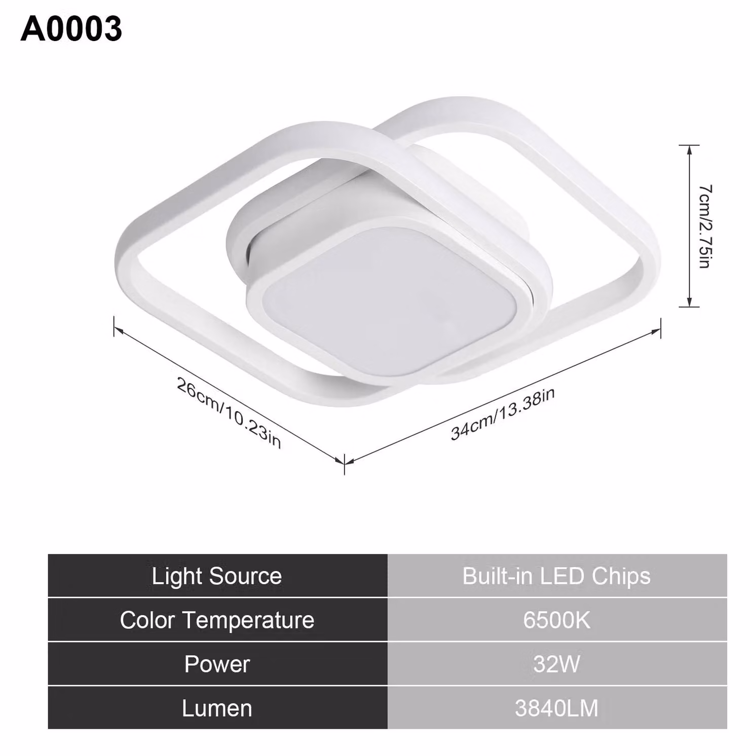 Pannello LED per soffitto - Modello A0003 - Quadrato - Bianco - 32 W - 6500 K - Luce bianca fredda - Alluminio