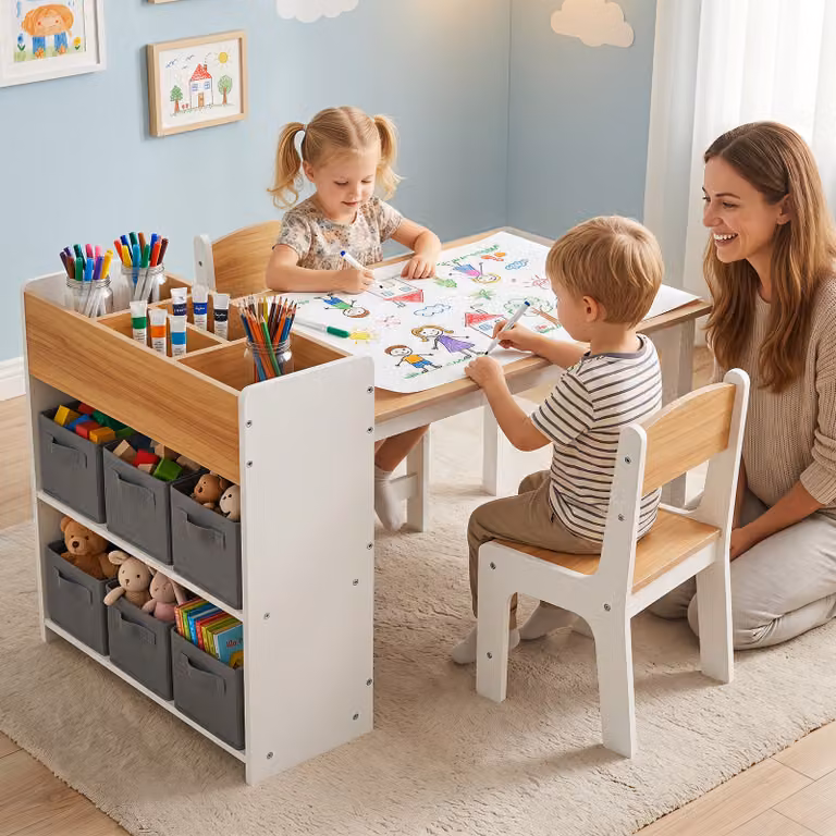 Set tavolo e 2 sedie Costway per bambini 3-6 anni con libreria a 2 ripiani, 6 cesti e rotolo per carta, colore bianco