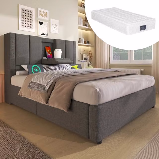 Letto singolo imbottito 90×200 cm con contenitore idraulico, porte USB e tipo C, portabicchiere, materasso incluso