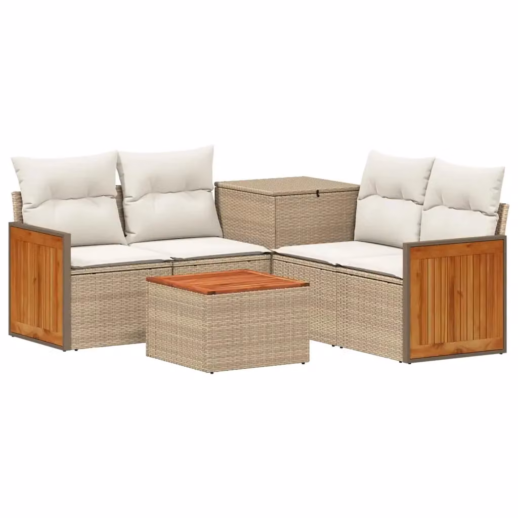 Set da giardino moderno vidaXL composto da 6 pezzi in polyrattan con tavolino e cuscini Beige e Bianco – 2