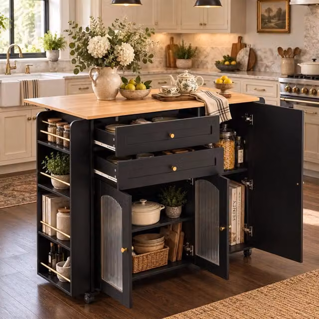 Isola da cucina mobile 110 cm in pannello particellare con piano di lavoro pieghevole, 2 cassetti e ante in vetro