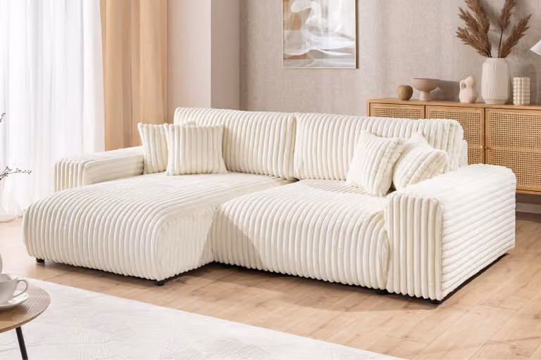 Mollis - Divano angolare con funzione di letto e rete in velluto a coste beige chiaro, per un comfort di seduta straordinario