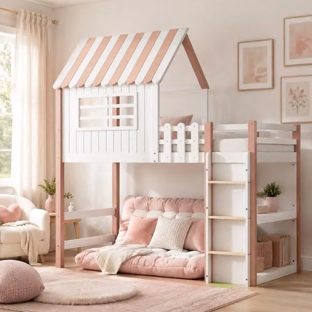 Letto a castello per bambini 90x200 cm rosa in legno massello con tetto e scala