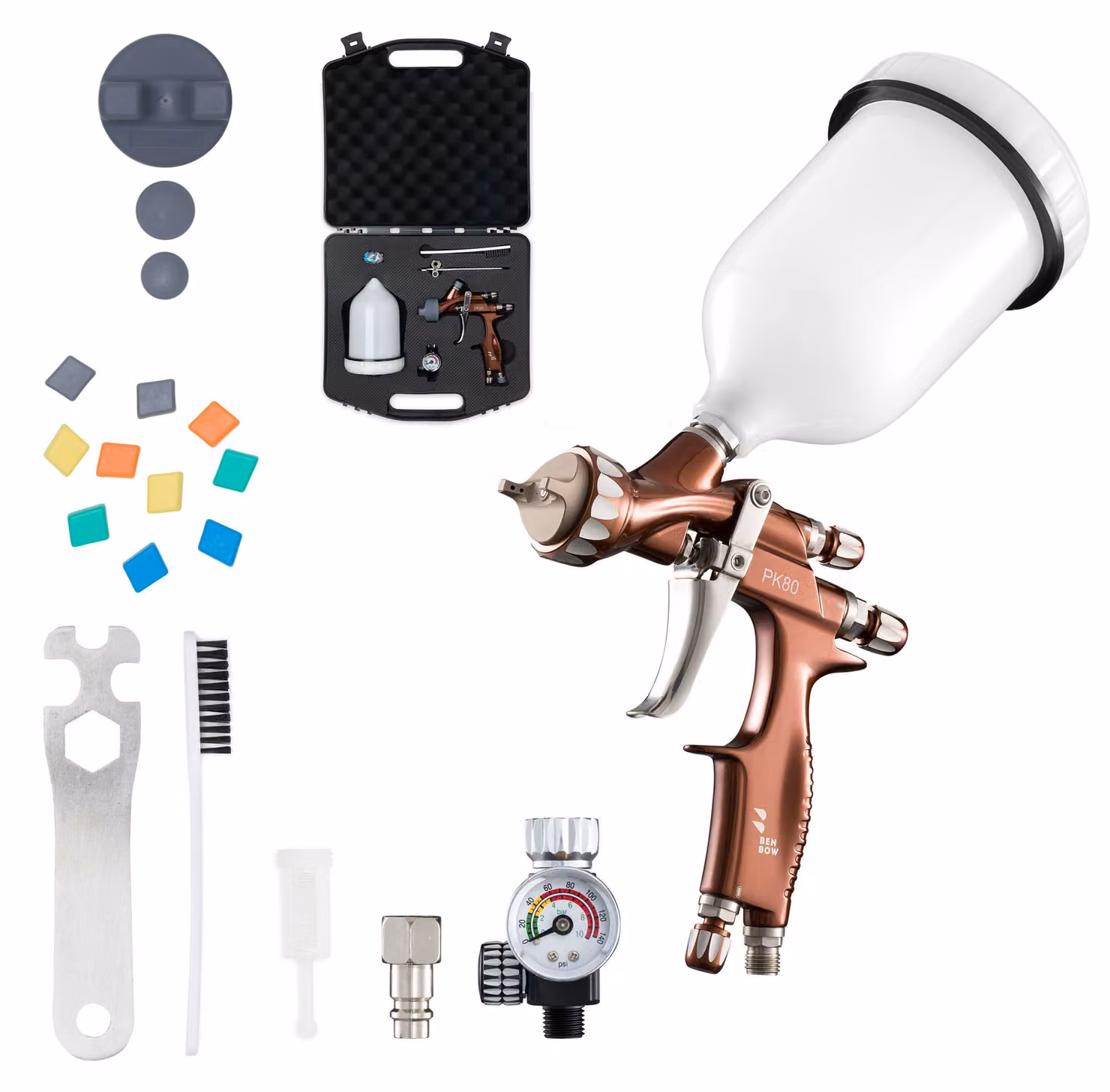 Pistola a spruzzo Benbow PK80, set di 6, con valigetta, ugello da 1,3 mm nel set, serbatoio 600 ml, pressione 1,1 bar