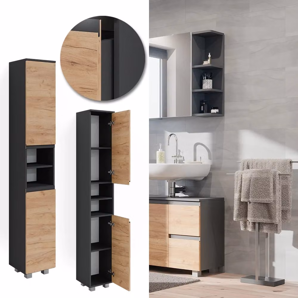 Mobile bagno alto Vicco J-Shape Antracite e Rovere, L: 30 cm, H: 190 cm – 2
