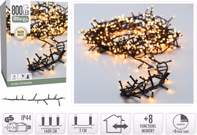 Catena luminosa a grappolo LED bianco caldo, 800 LED, cavo verde, interno/esterno, 19 m