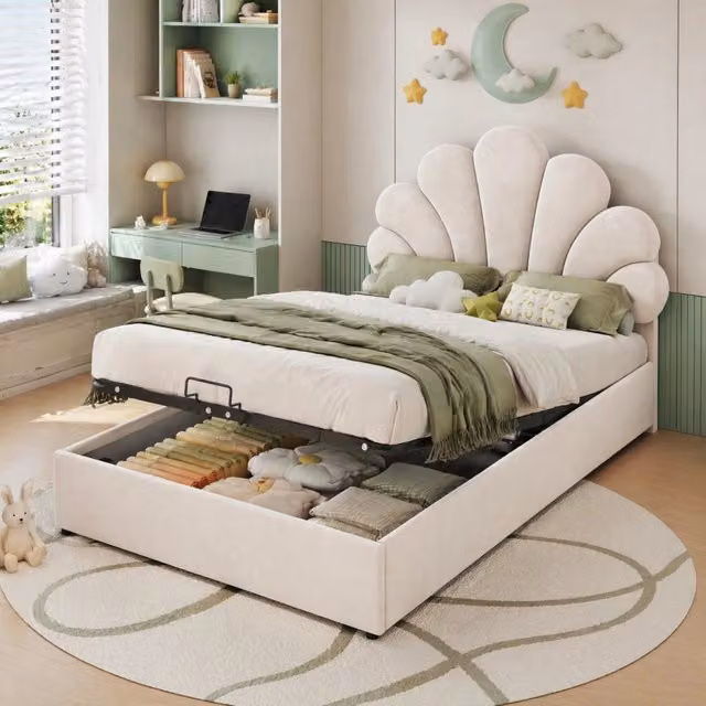 Letto singolo imbottito 90 × 200 cm con vano contenitore idraulico in velluto beige e testiera floreale