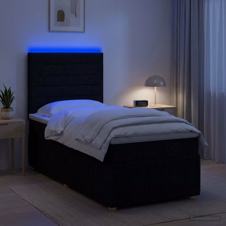Letto Box Spring vidaXL con Materasso Ibrido e Illuminazione LED sotto il letto, Colore Nero, L/P: 190 x 90 cm