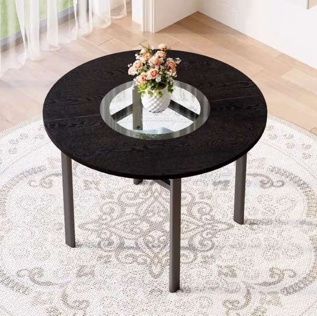 Tavolo da pranzo rotondo ULEVR ?100 cm per 2-4 persone, piano MDF nero con inserto in vetro grigio e ripiano