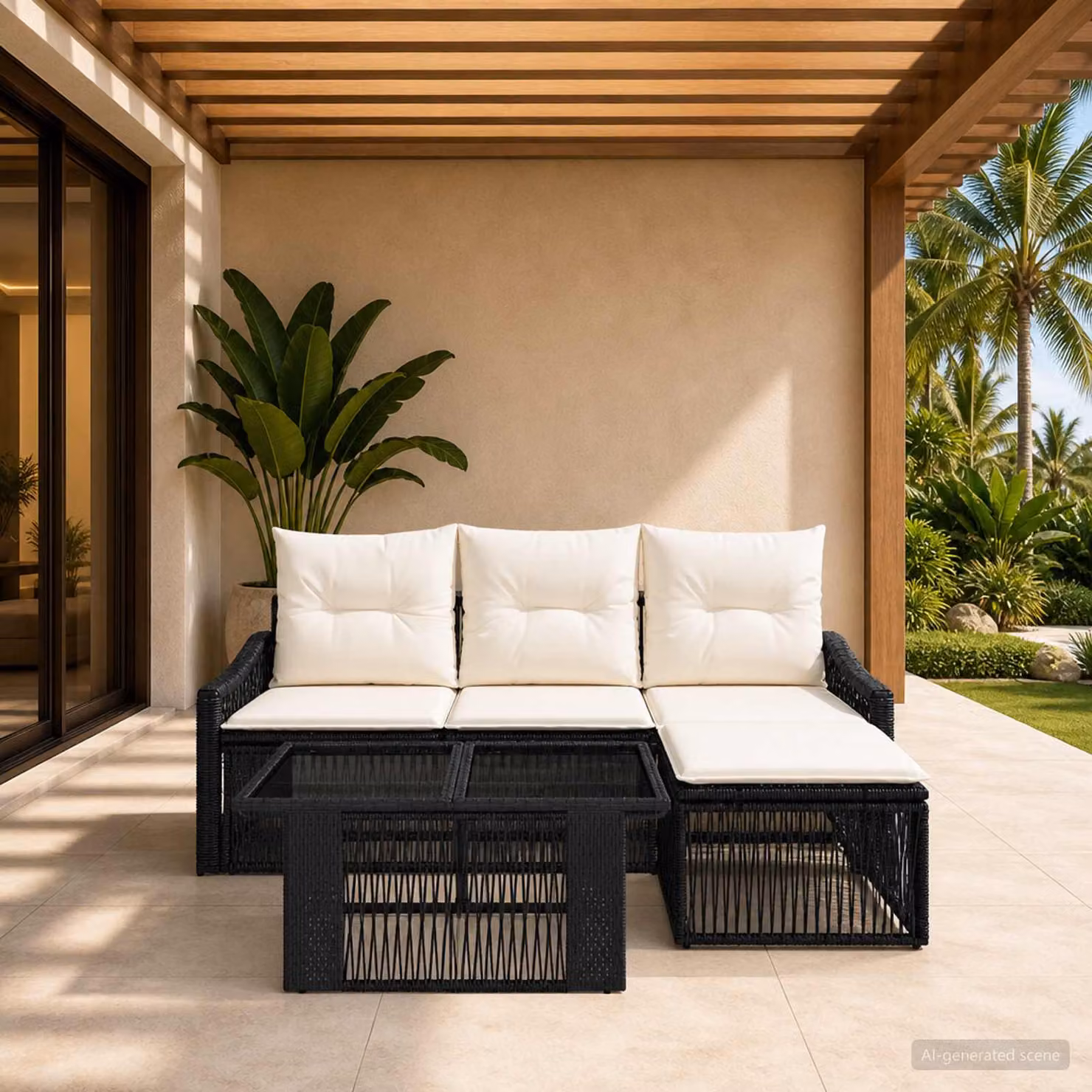 Set Divano da Giardino 5 Pezzi vidaXL in Polyrattan con Cuscini, Nero e Bianco Crema