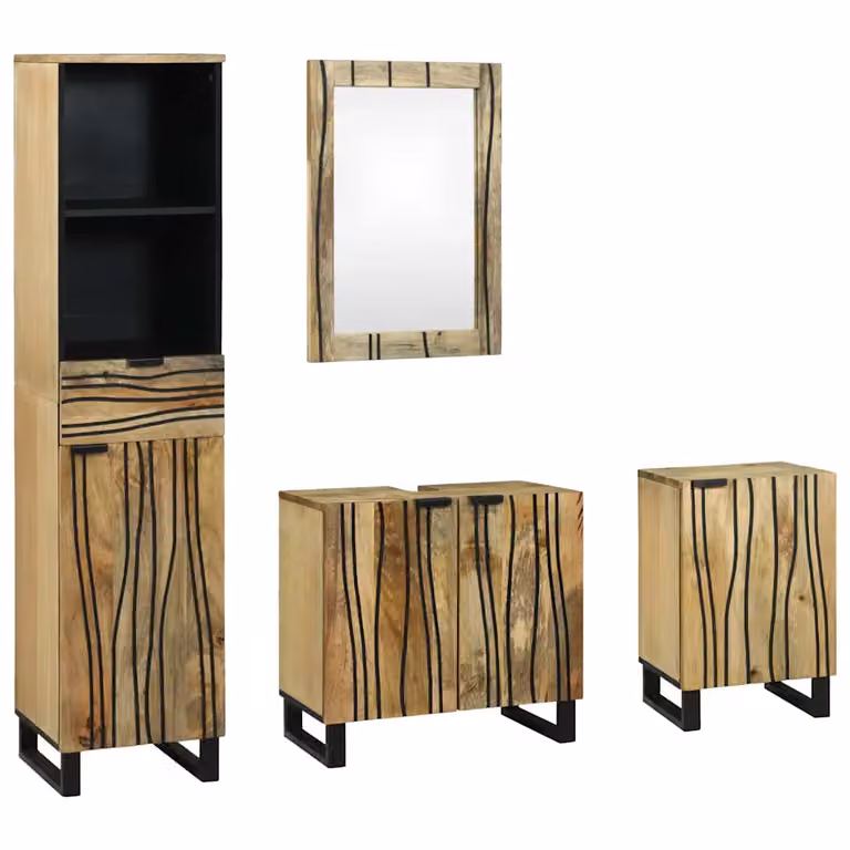 vidaXL Set di mobili per il bagno moderno in 4 pezzi marrone e nero con armadio alto, mobile lavabo, mobile laterale e armadietto con specchio