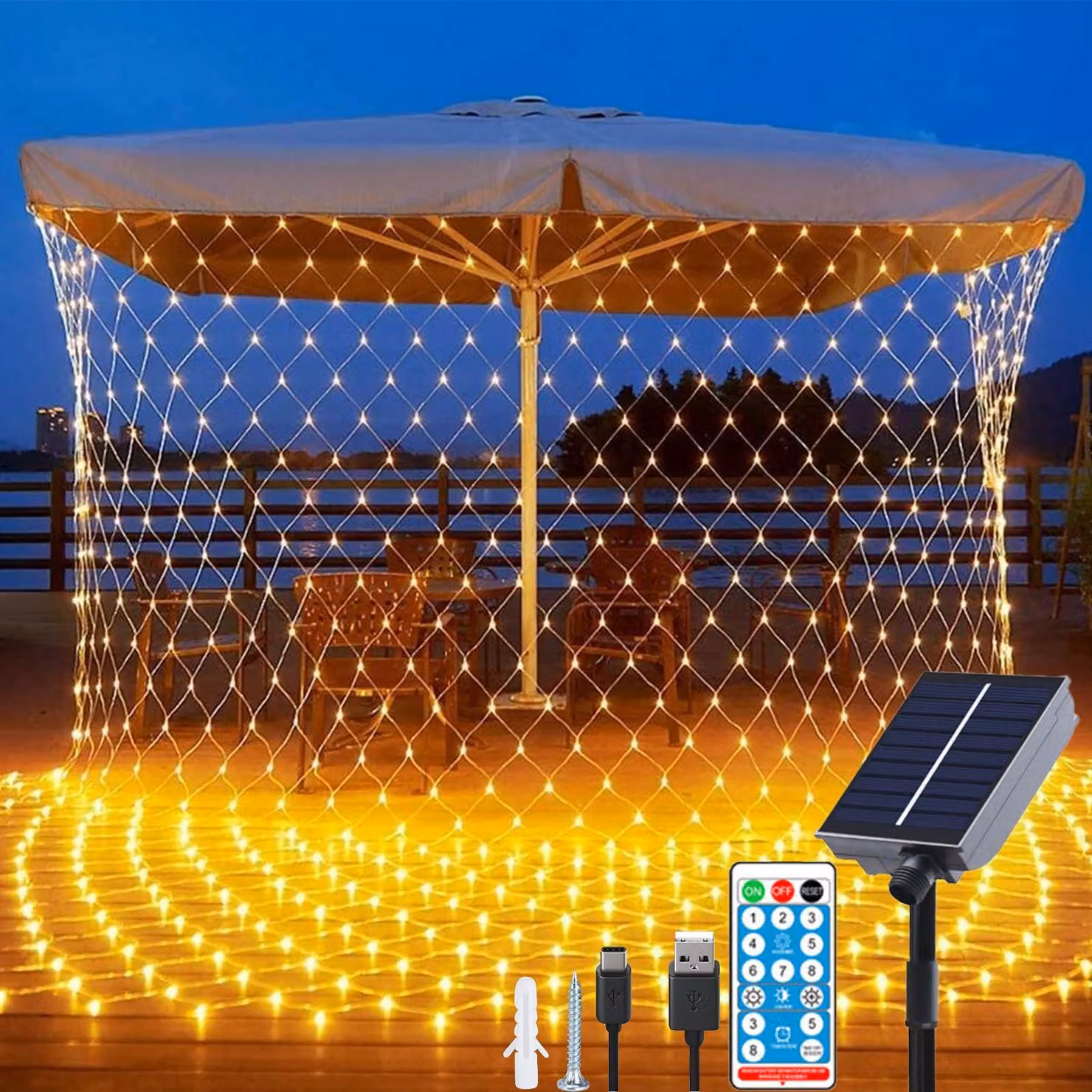 Illuminazione solare a LED, dimensioni 3x2 metri, 192 LED, luce bianca calda, grado di protezione IP65, con telecomando