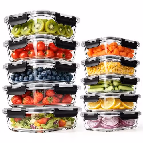MEETOZ Confezione da 10 contenitori per alimenti in vetro, ermetici, impilabili, in vetro, con coperchio, senza BPA, per microonde, forno, congelatore e lavastoviglie