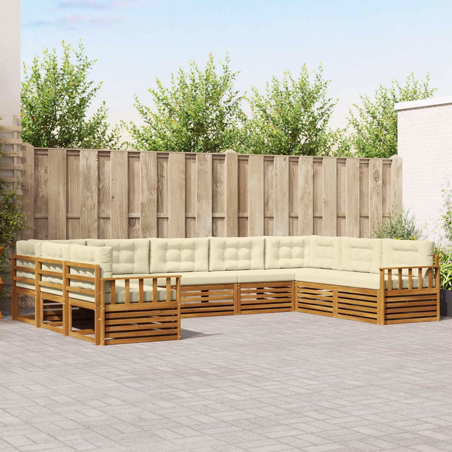 vidaXL Set di divani da esterno a L in legno di acacia con cuscini, 9 pezzi, Beige e Bianco