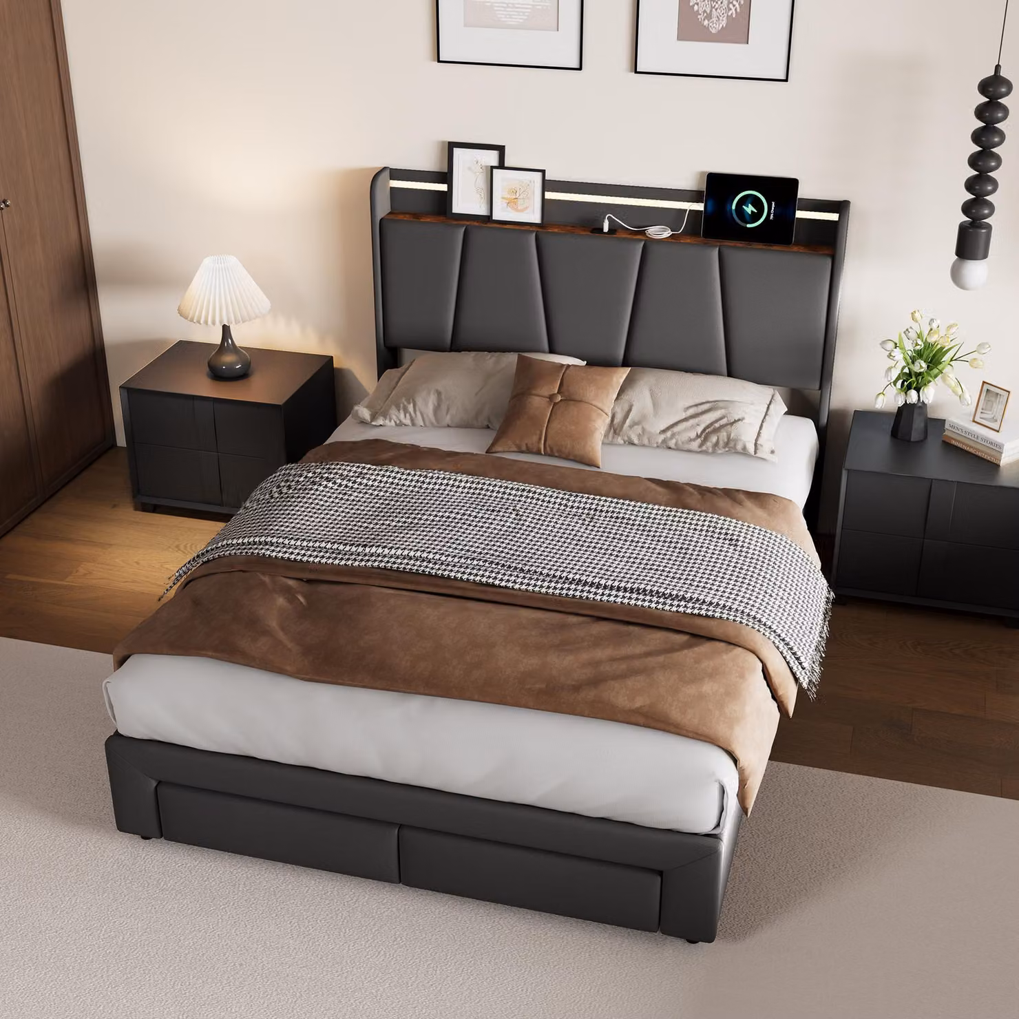 Letto matrimoniale 140 x 190 cm con illuminazione a LED, porta USB, contenitore, testata imbottita, nero