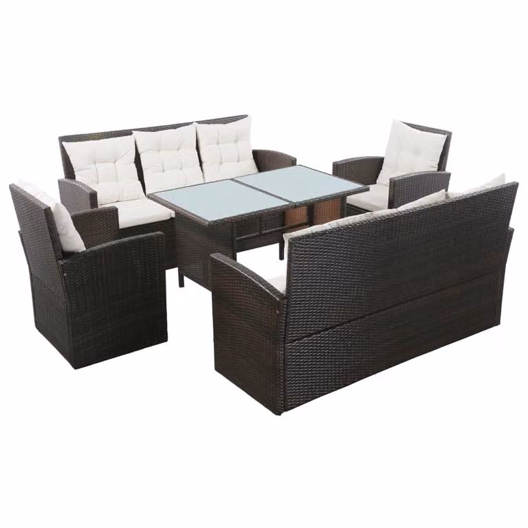 set 5 pezzi da giardino con cuscini in poly rattan marrone