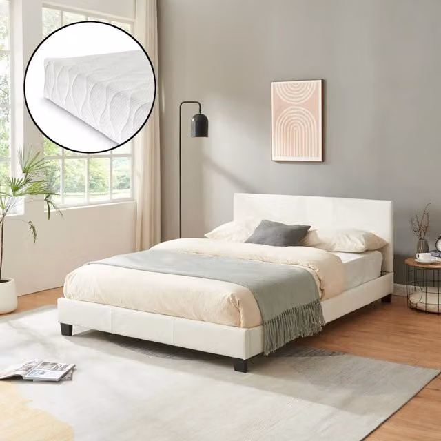 Letto Francese Albacete Corium con Testiera Alta e Materasso in Similpelle Bianco, L/P/H: 140 x 200 cm