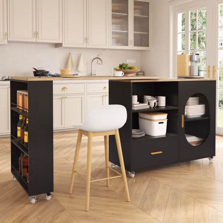 Isola da cucina STILVORA con piano rotante a 360°, bancone con spazio contenitivo, pensile con cassetto e ante in vetro scanalato, carrello su ruote con ripiano regolabile