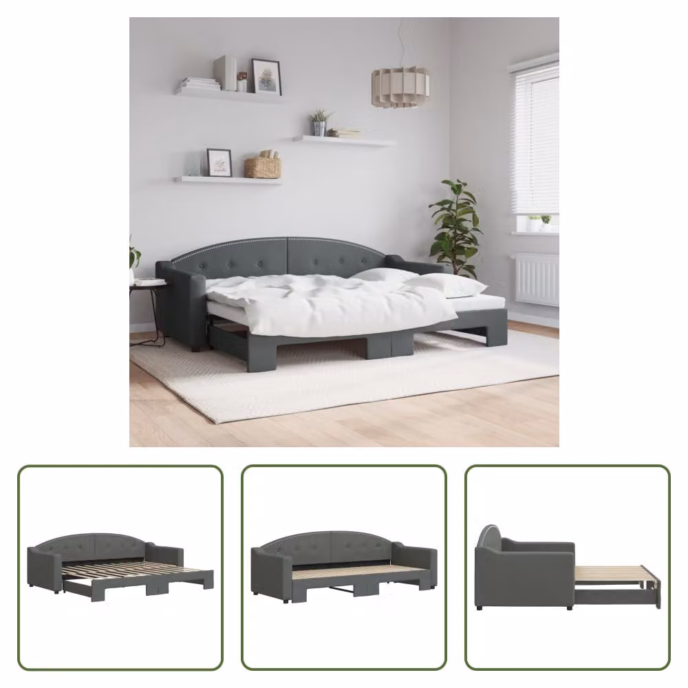 The Living Store letto da giorno allungabile grigio scuro 80x200 cm in tessuto