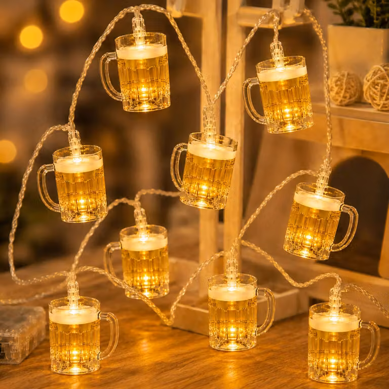 Catena luminosa a LED per birra, 10 LED, 1,5 metri, alimentata a batteria, luce bianco caldo