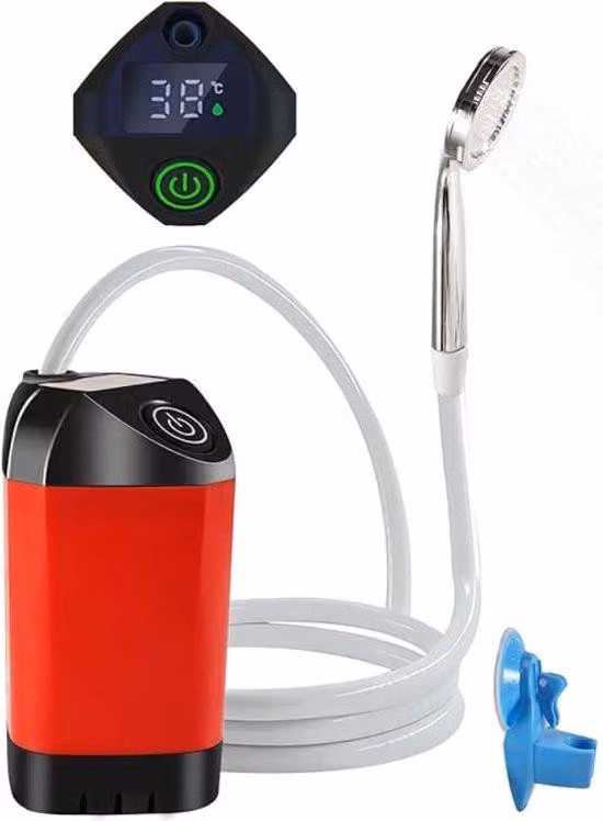 Kit doccia da spiaggia elettrica con display digitale - Ricaricabile - Pompa per doccia da esterno - Soffione per campeggio, viaggi e attività all'aperto - Getto d'acqua rosso