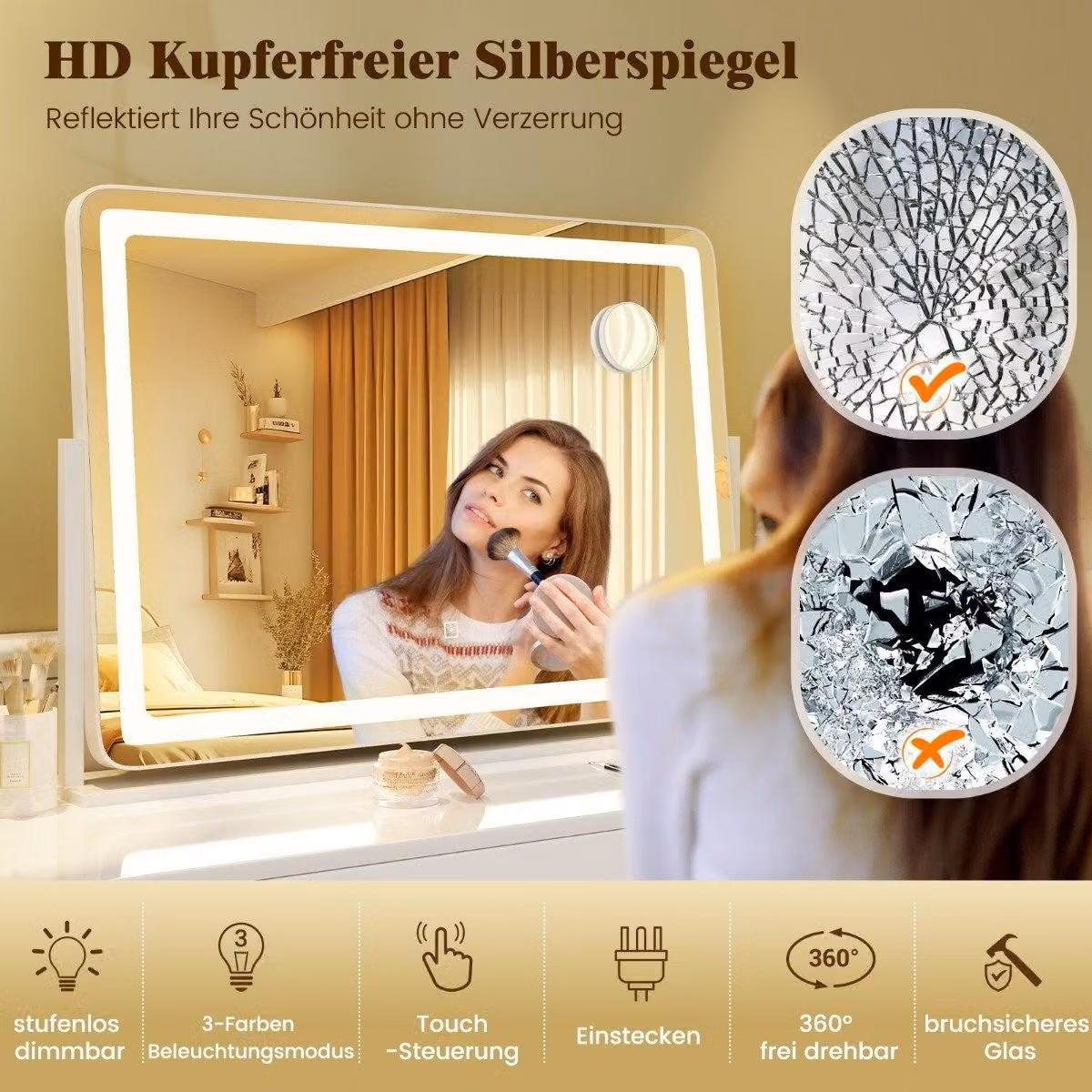 Specchio per il trucco con illuminazione, grande specchio cosmetico con ingrandimento 10X, bianco