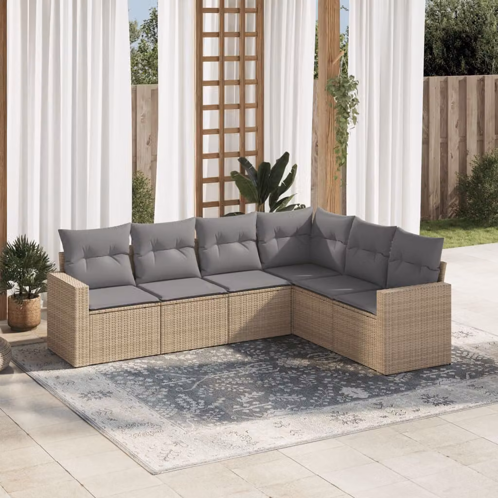 vidaXL Set Divano da Giardino a L 6 pz con Cuscini Beige e Struttura in Metallo e Polyrattan – 1