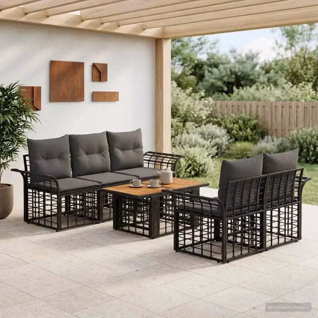 Set Divano da Giardino a L vidaXL in Polyrattan con Cuscini e Tavolino da Caffè, Nero e Grigio – 1