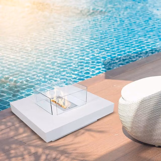 Camino a bioetanolo Alife, Caminetto, Focolare senza fumo, Riscaldatore ad etanolo, Made in Italy, 70x70 h35 cm, Bianco