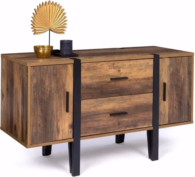 IDMarket Credenza bassa AUSTRIA in stile industrial con gambe in legno, colore nero e marrone, L: 105 cm, P: 40 cm, H: 60 cm – 1