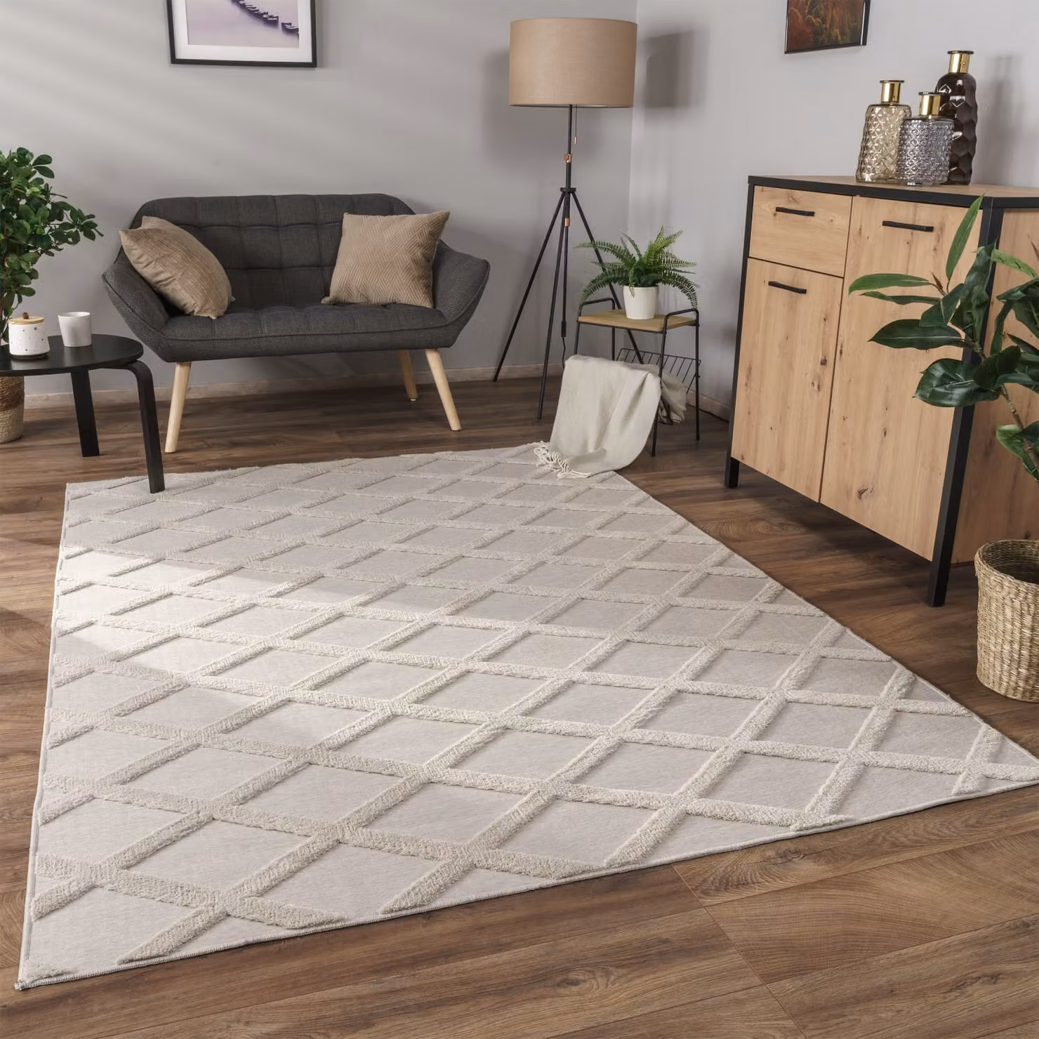Tappeto lavabile Utah beige con motivo a diamanti, moderno e resistente, L: 120 cm x P: 160 cm – 2