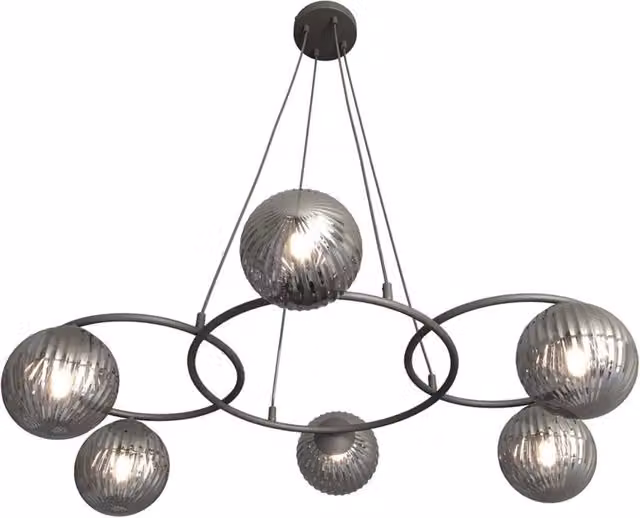 Lampadario 6 Luci Bel A Cerchi E Diffusori In Vetro Rigato Fumè