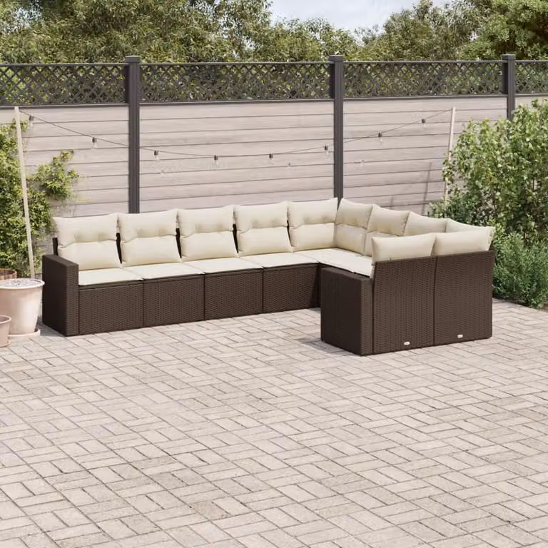 Set di divani da giardino vidaXL a forma di L composto da 9 pezzi con cuscini marroni e bianchi in polyrattan e struttura in metallo