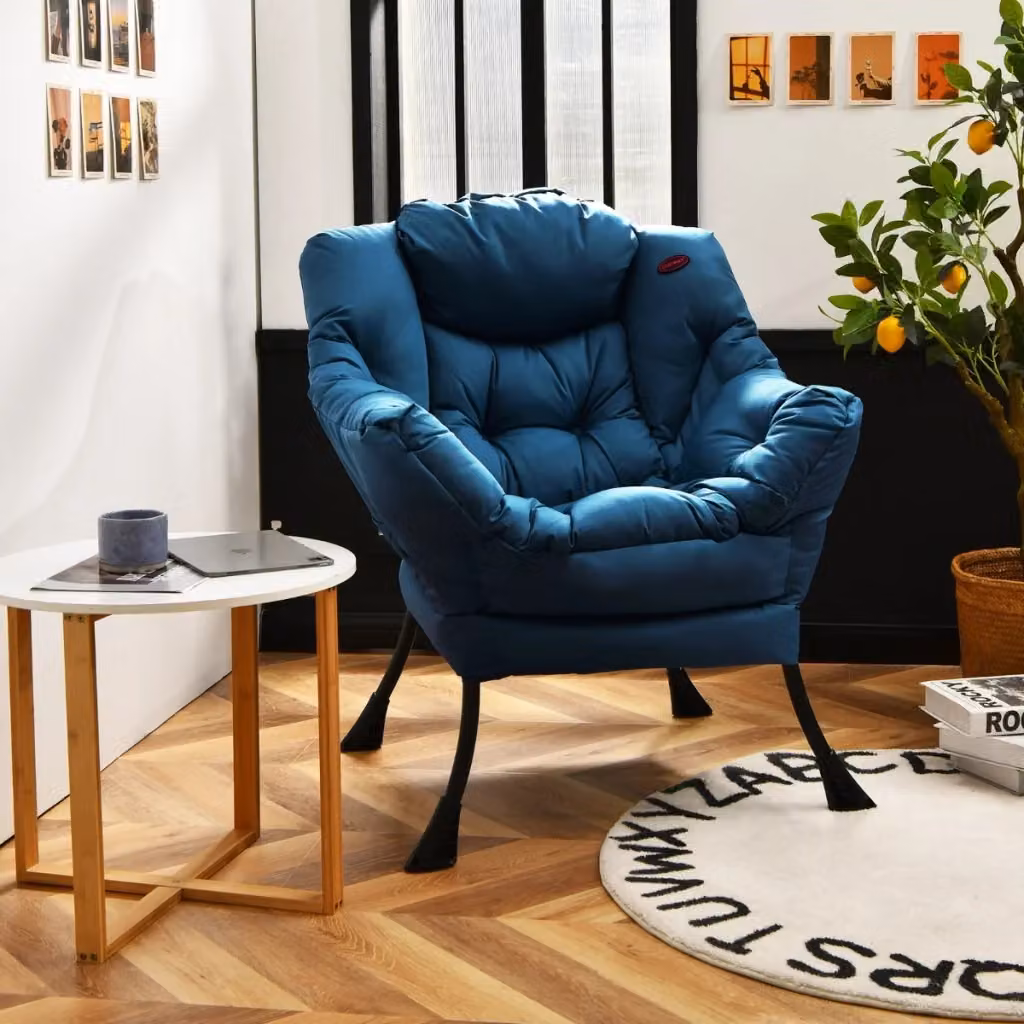 Poltrona moderna in tessuto blu con struttura in metallo e braccioli per soggiorno o ufficio – 2