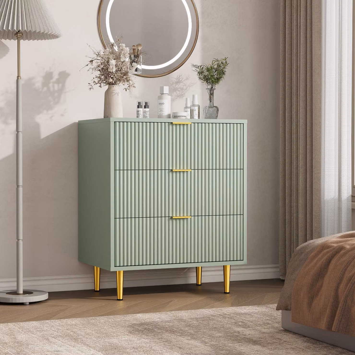 Comodino con frontale scanalato, 3 cassetti, ideale per la camera da letto o il soggiorno. Colore: verde oliva